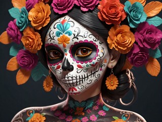A Woman With A Skull Face Painted In Bright Colors