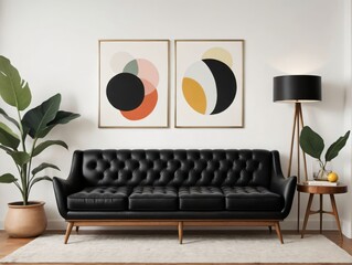 A Black Leather Couch In A Living Room With A Large Plant