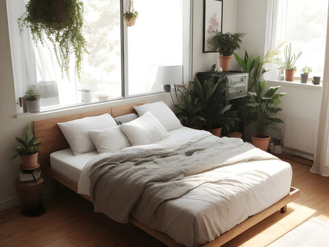 a bed room. wooden bed frame with white sheets .the bed is on the right side with one side table on the right side of bed and one flower pot on yhe left side of bed theres a monstra plant in the pot. 