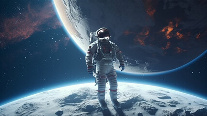 Spaceman and planet, human in space concept