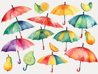 Fototapeta na wymiar Watercolor Umbrellas With Fruits And Lemons