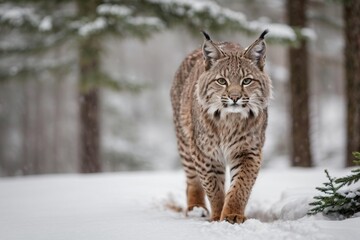 Fototapeta premium The Beauty of a Snow Lynx in White Solitude