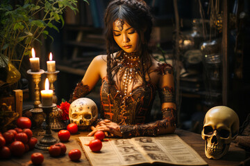 Mysterious Asian sorceress casting a dark spell over Chinese skull. - obrazy, fototapety, plakaty