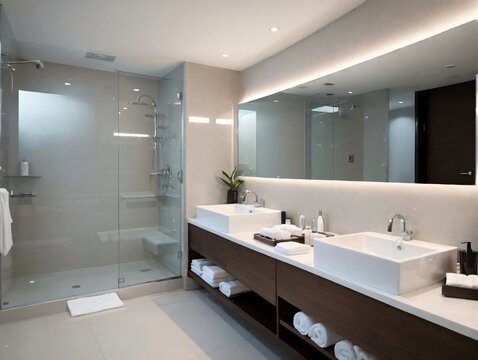 A Bathroom With Two Sinks And A Shower