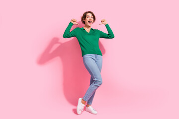 Full length photo of young girlfriend wearing green shirt directing fingers herself surprised she...
