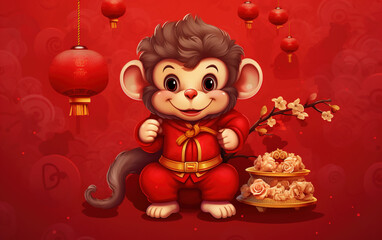 Chinese Zodiac Year of the Monkey Illustration,created with Generative AI tecnology.