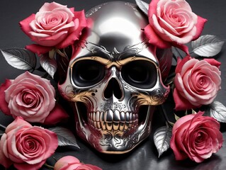 A Skull With Roses On A Black Background