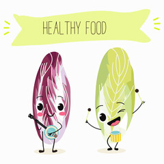 Belgian endive, red Belgian endive, chicory greens. Character cartoon cheerful funny vegetable, greens, salad. Vector illustration.