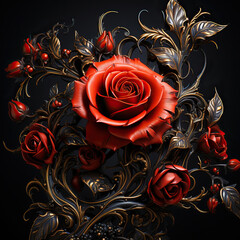 Elegant Adornment: Gold Filigree Brooch with Red Roses,red rose on black background,background with roses,background with roses