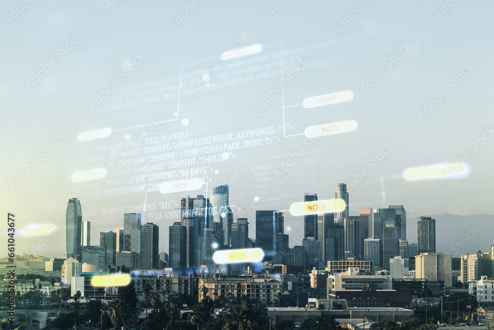 Poster double exposure of abstract programming language interface on los angeles city skyscrapers backgroun