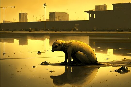 sloth slowly sinking in to La Brea tar pit struggles in an extremely slow and deliberate pace dry hot black tar monochromatic yellow 