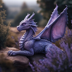 Enchanted Twilight: Purple Dragon Amidst a Lavender Field