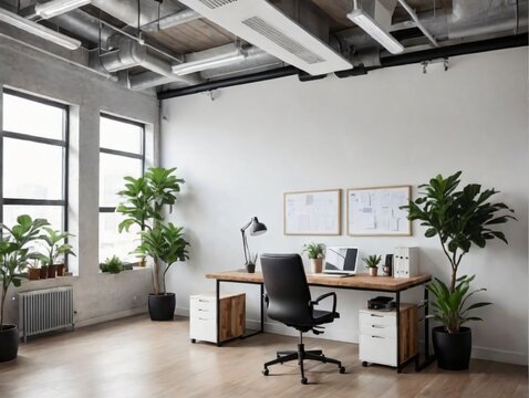 A Modern Office With A Wooden Desk And White Chairs