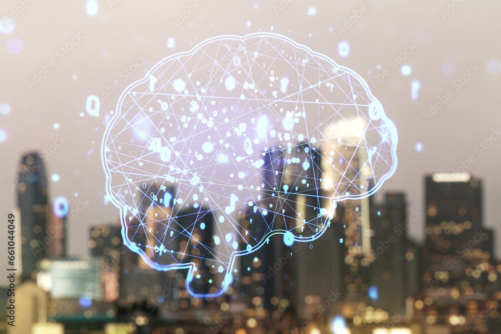 Poster double exposure of creative artificial intelligence interface on blurry cityscape background. neural