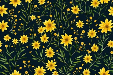 Yellow flowers, watercolour, vector, dark background, clipart, Seamless patterns, repeating patterns design, flat illustration - AI Generative