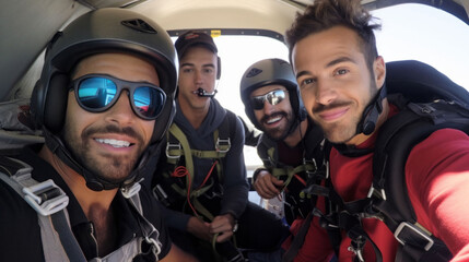Group of friends selfie in plan for skydiving. Extreme sport fun adventure - obrazy, fototapety, plakaty