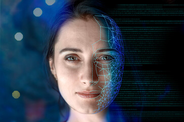 Portrait of a woman symbolically turning into virtual human, virtual character, or digital clone,...