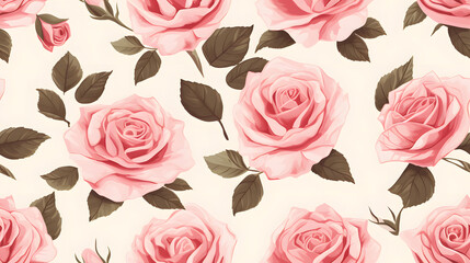 Seamless pattern with pink roses on beige background, Generative Ai