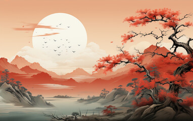 Chinese landscape decorative illustration,created with Generative AI tecnolog