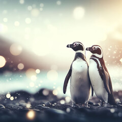 A Romantic Penguin Couple in a Cold Landscape with a Blurred Snowy Bokeh Background. Illustration with a Romantic Concept and Copy Space. Generative AI