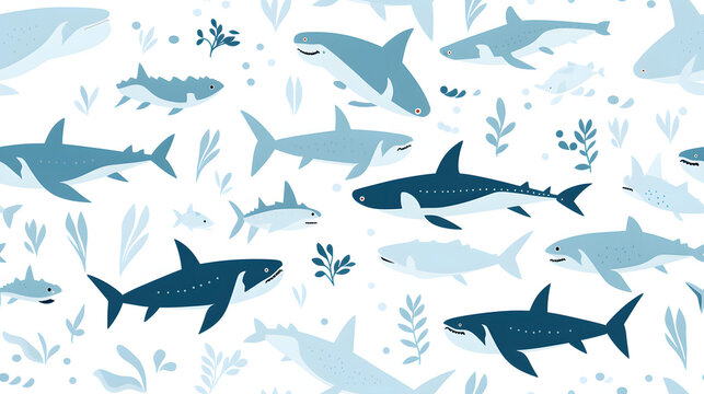 Seamless pattern with sharks, illustration, Generative Ai
