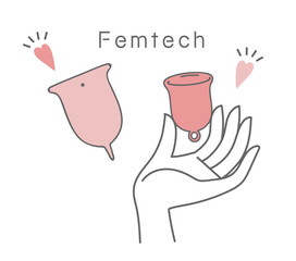 Illustration about Femtech. Woman choosing menstrual products. Holding a menstrual cup in her hand. Shape of menstrual cup.フェムテックに関するイラスト。月経／生理用品を選ぶ女性。月経カップを手に持つ。月経カップの形。