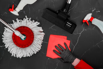 Cleaning concept, vacuum cleaner, on the floor with marble tiles.