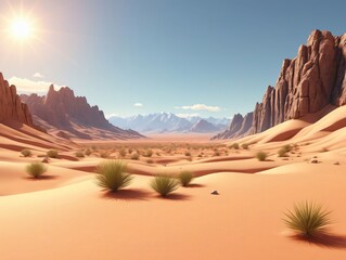 Naklejka premium A Desert Scene With A Mountain Range In The Background