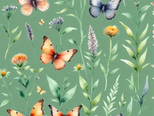 Watercolor Seamless Pattern With Butterflies And Flowers