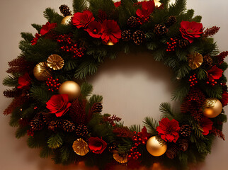 Fototapeta na wymiar Christmas wreath closeup sunset papercut style sepia