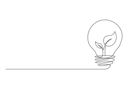 Plant inside Lightbulb continuous one line drawing. Concept of Eco energy and environmental friendly sources. Can used for logo, emblem. Vector illustration.