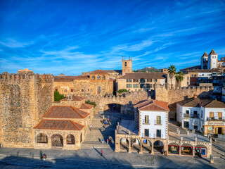 Fototapeta premium Plaza Mayor of Caceres at sunset, overhead view.