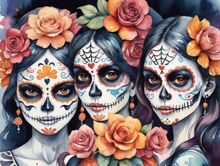 Two Women With Sugar Skulls And Roses