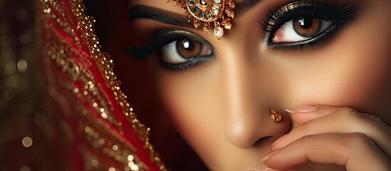 A close up shot of a makeup artist applying eyeliner to a traditional Indian bride With copyspace for text