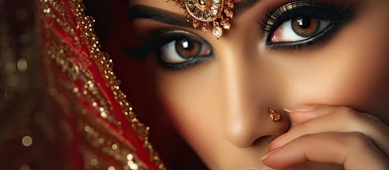 Acrylglas Duschewand mit Foto Schönheitssalon A close up shot of a makeup artist applying eyeliner to a traditional Indian bride With copyspace for text