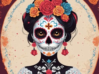 A Woman With A Sugar Skull Face And Flowers In Her Hair
