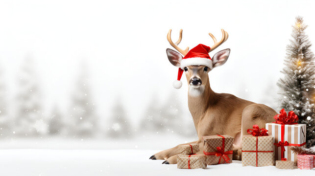 weihnachtliches Rentier neben Geschenken und Weihnachtsbaum