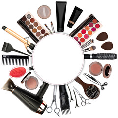Hairdresser's professional equipment. Hair blow dryer, curling iron, hair dye brush; scissors,...