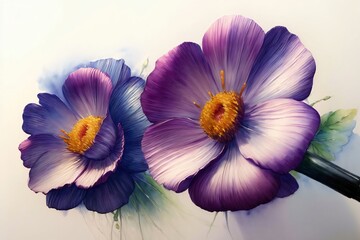 Two Purple Flowers With Green Leaves On A White Background