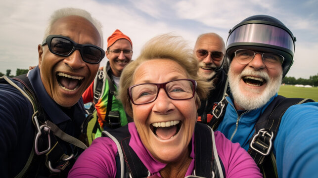 Group of senior friends selfie after skydiving. Extreme sport fun retirement adventure