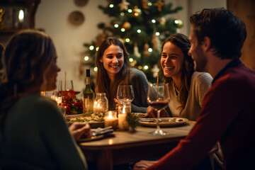 Obraz na płótnie Canvas Friends' Feast Cheers to a Festive Christmas Dinner Party