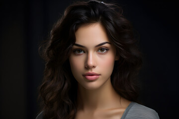 Fototapeta premium close-up portrait of a young woman with wavy brown hair and intense brown eyes against a dark background