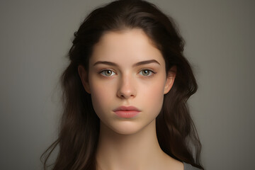 Fototapeta premium Close-up portrait of a young woman with green eyes and dark hair against a light gray background
