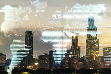 Abstract creative digital world map on Chicago cityscape background, globalization concept....