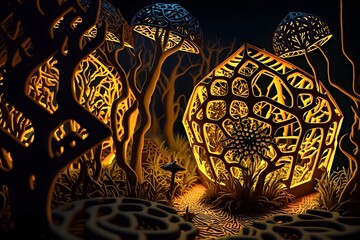 Intricate fungal maze swamp glowing bog frottage 