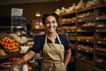 Joyful woman in apron stands among shelves filled with fresh produce