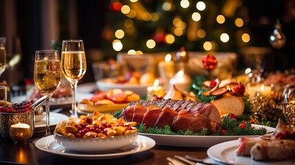 Christmas Dinner table full of dishes with food and snacks, New Year's decor with a Christmas tree on the background