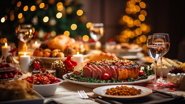 Christmas Dinner Table Full Of Dishes With Food And Snacks, New Year's Decor With A Christmas Tree On The Background