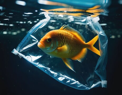 Illustration of a fish in a polluted ocean. AI image.