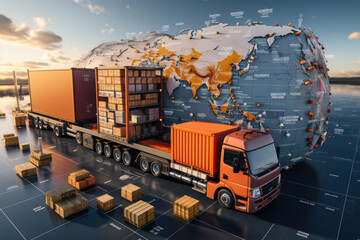 Logistics and Transportation Hub: A bustling international port with ships, containers, and advanced technology, representing the global movement of goods and the intricate logistics.